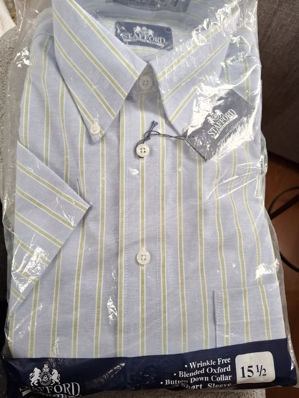 NWT Stafford Wrinkle Free Blended Oxford Short Sleeve Shirt Blue Green Stripe 15